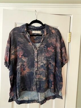 We The Free Navy Floral Button-Up Top with Coral Accents